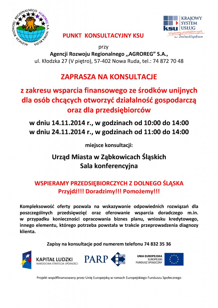 Wspieramy przedsiębiorczych z Dolnego Śląska zapraszamy na konsultacje już w piątek 14 listopada 2014 do Ząbkowic Śląskich_01